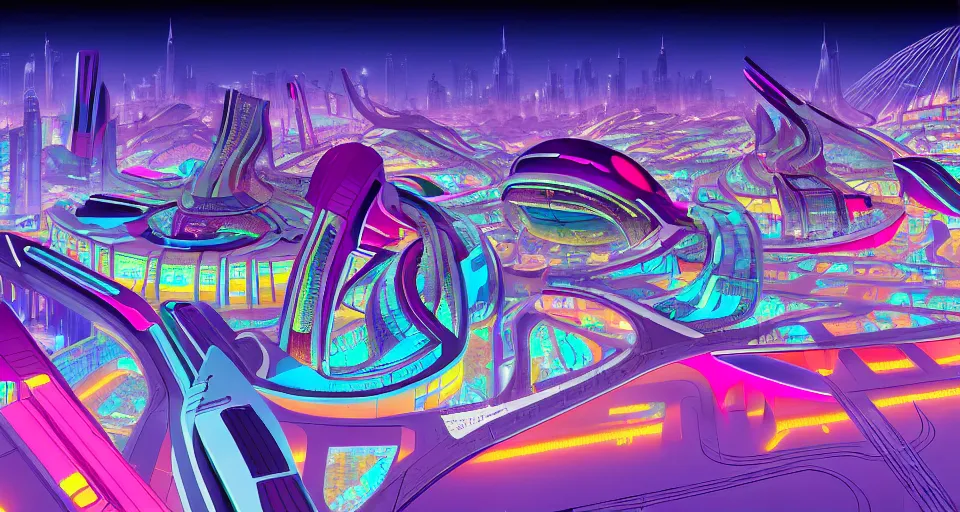 Image similar to a layout of amazing brightly colored sci - fi city designed by zaha hadid, cinematic lighting, detailed, beautiful colors, by greg rutowski and studio ghibli