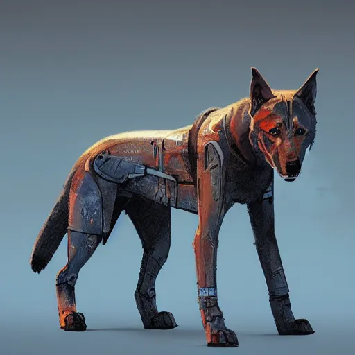 Image similar to panzerwolf anubis dog made of steel in light armor, by ian pesty and alena aenami, concept art, matte painting, washed colors,