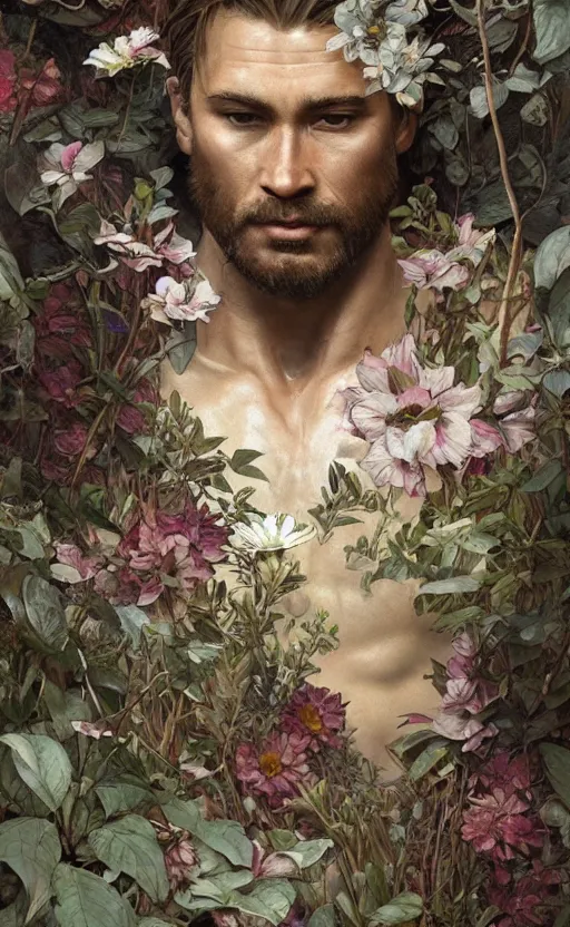 Image similar to god of the forest, 3 0 years old, rugged, male, gorgeous, detailed face, amazing, thighs!!!!!!, flowers, muscular, intricate, highly detailed, digital painting, artstation, concept art, sharp focus, illustration, art by greg rutkowski and alphonse mucha