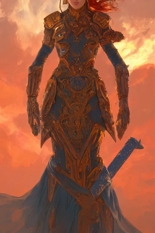 Image similar to portrait knights of Zodiac girl, metalic orange and dark blue reflected armor, in ruined Agora of Athens sunrise, ssci-fi, fantasy, intricate, very very beautiful, elegant, golden light, highly detailed, digital painting, artstation, concept art, smooth, sharp focus, illustration, art by tian zi and WLOP and alphonse mucha