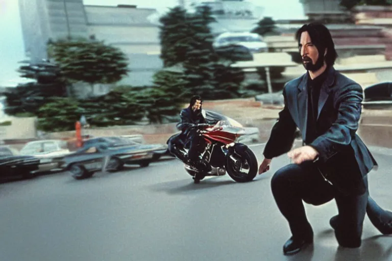 Prompt: beautiful hyperrealism three point perspective film still of Keanu Reeves as neo in bullet time aiming at agent smith in a nice oceanfront promenade motorcycle chase scene in Matrix meets kagemusha(1990) extreme closeup portrait in style of 1990s frontiers in translucent porcelain miniature street photography seinen manga fashion edition,, tilt shift style scene background, soft lighting, Kodak Portra 400, cinematic style, telephoto by Emmanuel Lubezki