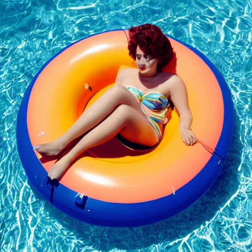 Prompt: Beautiful woman with retro hair and makeup floating in a circular inflatable plastic raft, in a luxurious pool, overhead shot, fuzzy polaroid photograph, 1970s