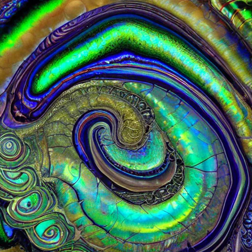 Image similar to Art Nouveau cresting oil slick waves, hyperdetailed bubbles in a shiny iridescent oil slick wave, ammolite, geode, detailed giant opalized ammonite shell, black opal, abalone, paua shell, ornate copper patina medieval ornament, rococo, organic rippling spirals, octane render, 8k 3D, druzy geode, cresting waves and seafoam