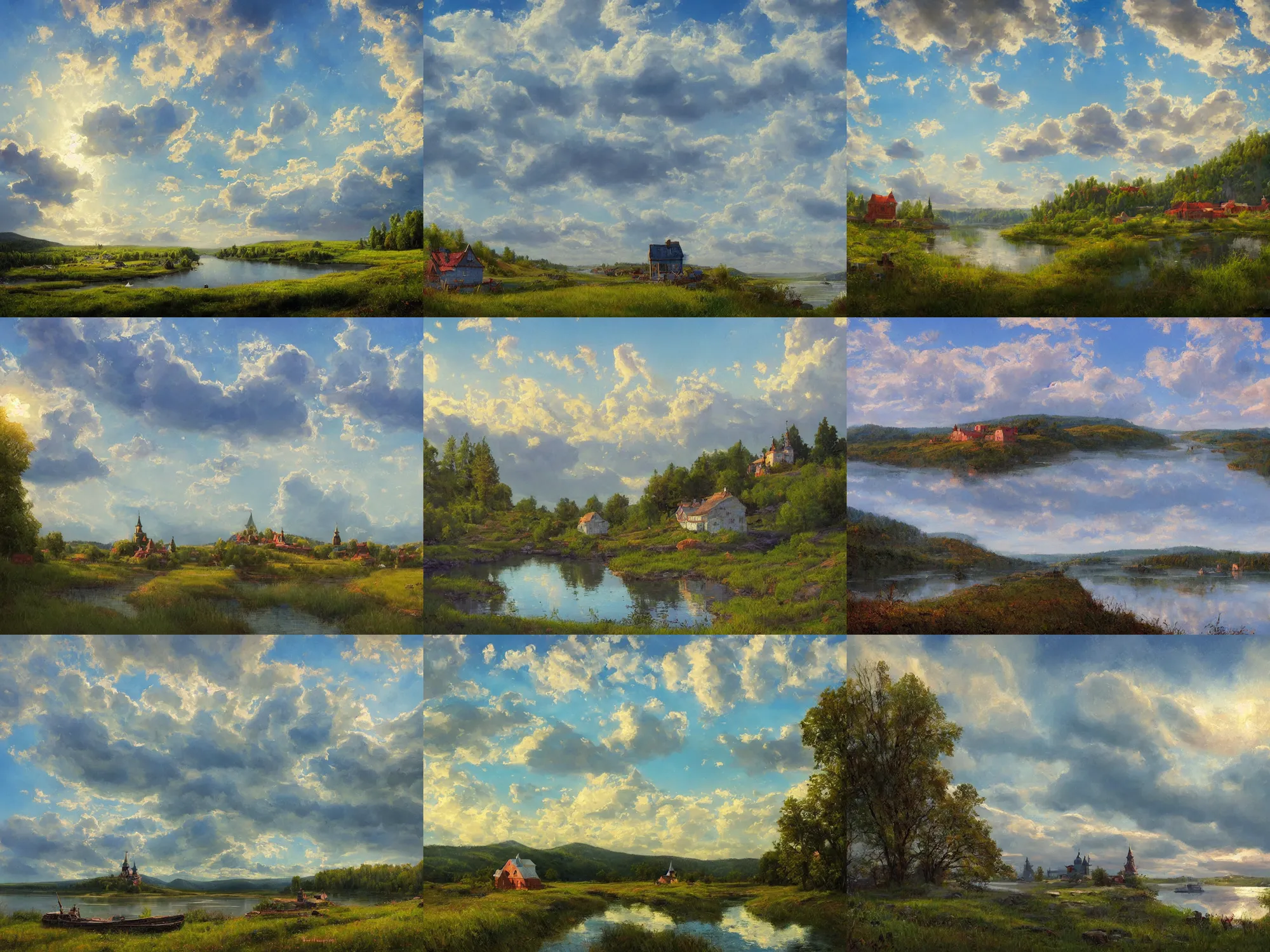 Prompt: academic russian painting, wide river and tiny house on the top of the hill, dream heavenly cloudy blue sky, epic wide sky and horzon, volumetric lighting, fantasy artwork, very beautiful scenery, pastel colors, ultra view angle view, 'Nad vechnim pokoem' painting in the style of isaac levitan and georgy nissky, T Allen Lawson and Ian Fisher, sidney richard percy