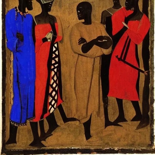 Prompt: A 15th century medieval renaissance oil painting of african made by Jacob Lawrence, no crop