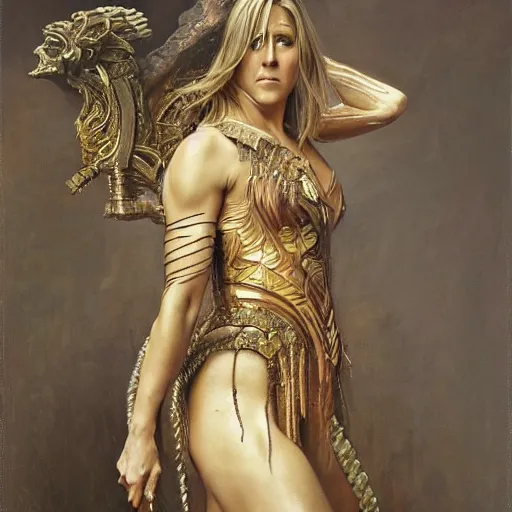 Prompt: the portrait of jennifer aniston as amazon in an intricate dress by roberto ferri, fantasy, witcher, very detailed oil painting, masterpiece, 8 k