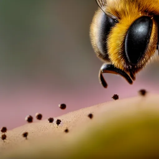 Image similar to macro photography of a landing of a bee on a high detailed dog's nose. pollen on the nose. contest winning photography. 8 k. hyper - realistic