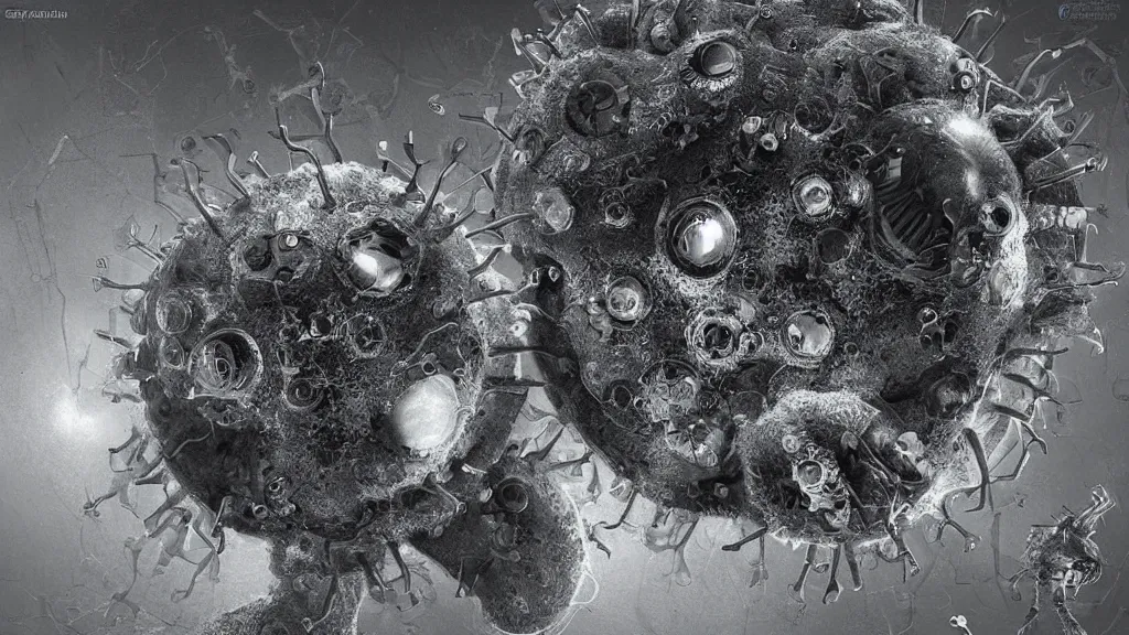 Image similar to a beautiful microscopic scientific photo of a coronavirus and a strange life form seen through an electron microscope, dark, sinister, detailed, art by Greg Rutkowski