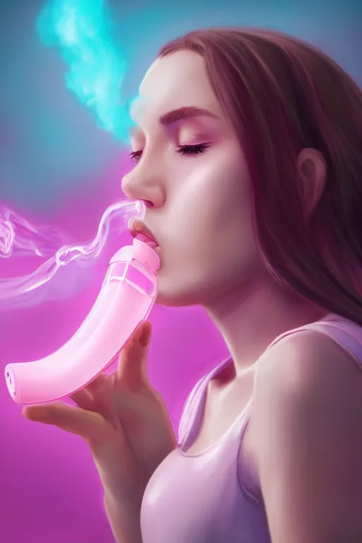 Image similar to Woman Breathing Through a Pink Vapor Inhaler, side view, fantasy, magic, ultra detailed, digital art, trending on artstation, illustration