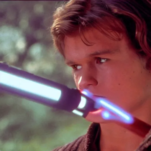 Image similar to A full color still from a film of a teenage Han Solo as a Jedi padawan holding a lightsaber hilt, from The Phantom Menace, directed by Steven Spielberg, 35mm 1990