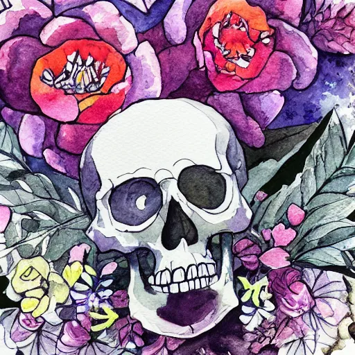 Prompt: skeleton surrounded by flowers, watercolor