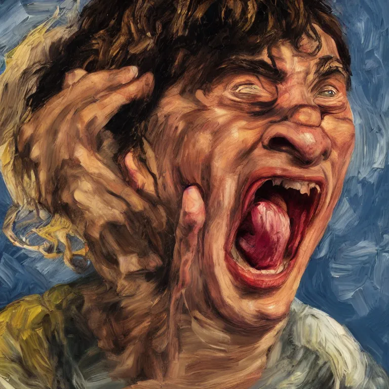 Image similar to warmly lit close up studio portrait of young angry!! screaming John Lennon age 23 furious!, impasto oil painting thick brushstrokes by Lucian Freud and Cy Twombly and Tim Hawkinson , trending on artstation dramatic lighting Expressionism