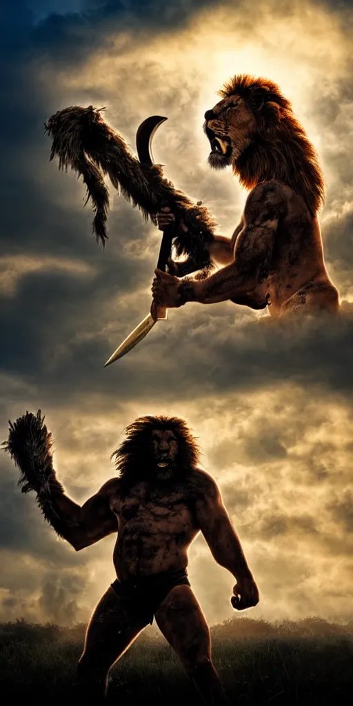 Prompt: muscular oversized lion animal as barbarian hunter covered in blood with weapon and anthropomorphic human oversized mutant proportions and very hairy body , backlight body , extreme very textured detailed panoramicpolaroid photograph, silhouette over sunset, dramatic clouds and cyan atmosphere
