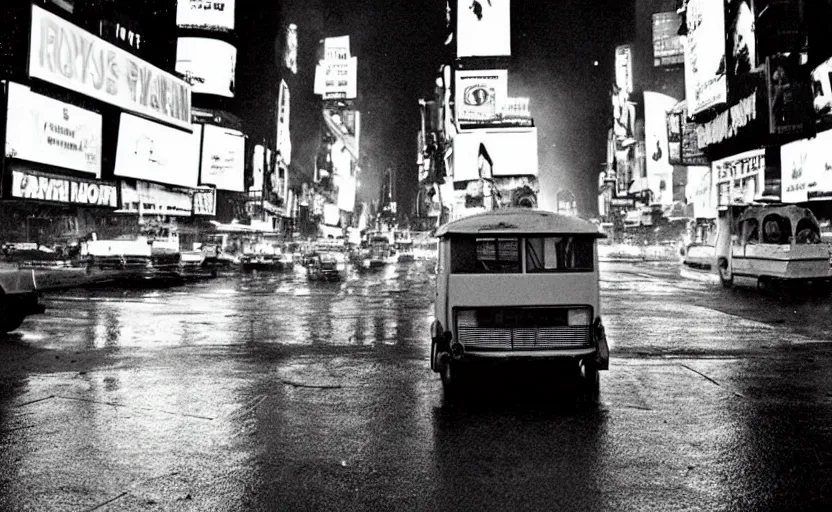 Image similar to a tuk tuk in times square at night, blade runner 1 9 8 2 city, futuristic dystopian city, falling rain, neon, industrial fires and smog