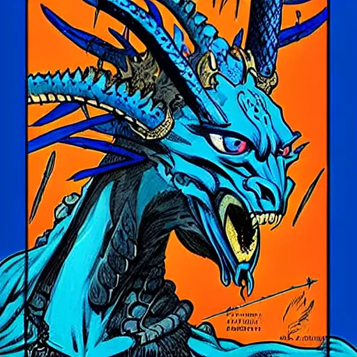 Image similar to head and shoulders portrait of a medieval d & d fantasy anthropomorphic blue dragon - headed - human hybrid with electrcity magic, comic book cover art photo by phil noto, frank miller, hr giger