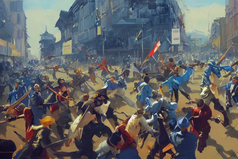 Image similar to greg manchess painting of a crowd throwing swords at a blond man in a blue suit, organic painting, sunny day, matte painting, bold shapes, hard edges, street art, trending on artstation, by huang guangjian, gil elvgren, ruan jia, randy vargas, greg rutkowski