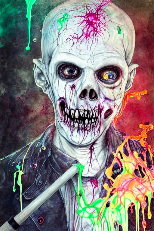 Image similar to zombie policeman with and goop and slime covering his skull posing with his baton by agnes cecile, brian froud, intricated details, 3 / 4 view, full body portrait, extremely luminous bright design, horror, pastel colours, toxic drips, autumn lights