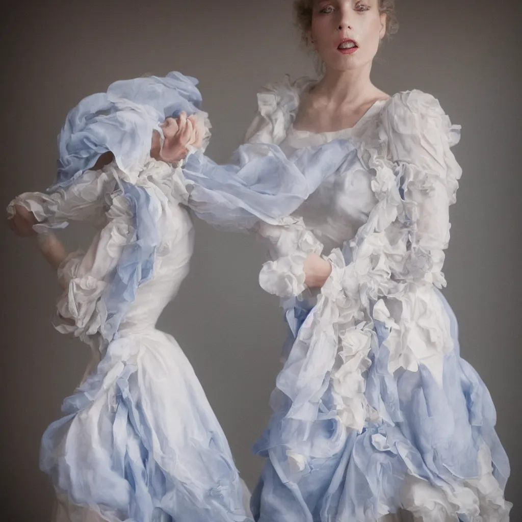 Image similar to woman_dressed_in_a_vaporous_wrapped_large_victorian_cream_roses_silk_semi-transparent_blue_and_cream_dress_fashion_is_running_DDfantasy