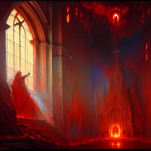 Image similar to a chapel's ceiling is broken in half as a red magical portal from hell opens up there and demons with lucifer start pouring in. highly detailed painting by gaston bussiere, greg rutkowski, craig mullins 8 k