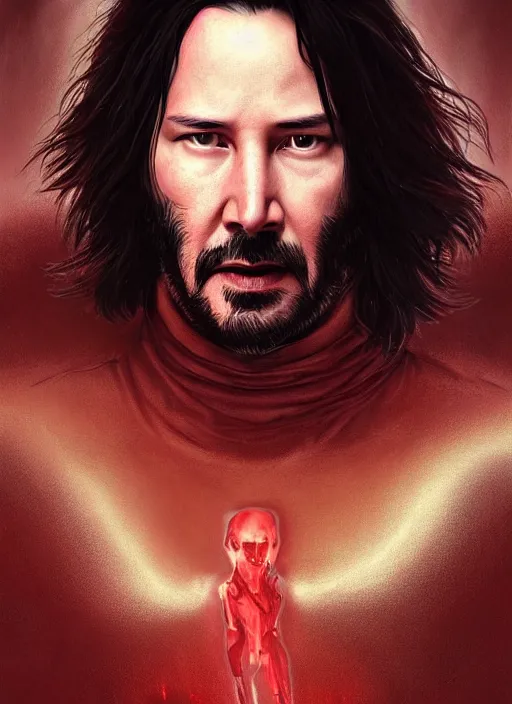 Prompt: Keanu Reeves, red glowing eyes, silver long hair, male, fantasy, extremely detailed, digital painting, artstation, concept art, smooth, sharp focus, illustration, stunning lighting, art by artgerm and greg rutkowski and alphonse mucha and simon stalenhag, realistic character concept, high fantasy, dark atmosphere, golden ratio, cinematic lighting, hyperdetailed, high resolution, insanely detailed and intricate, artstation, Marc Simonetti, Greg Rutkowski, 8k