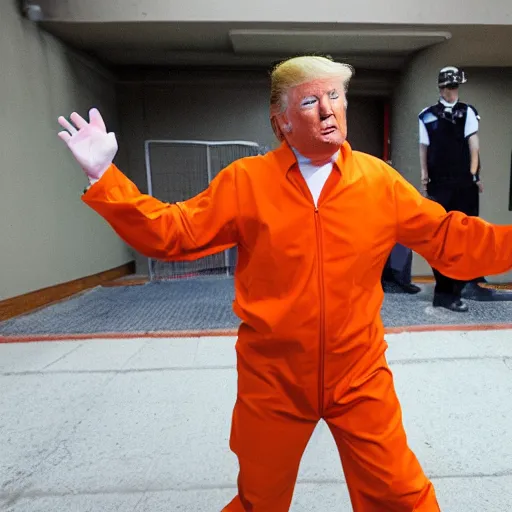 Image similar to photo of Donald trump being taunted in prison wearing an orange jumpsuit