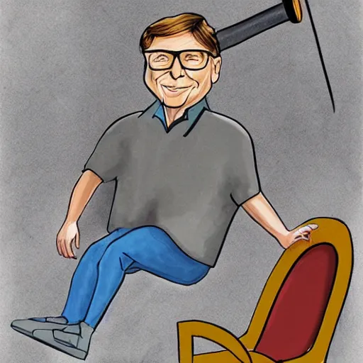 Prompt: caricature of Bill Gates pole vaulting over a giant chair