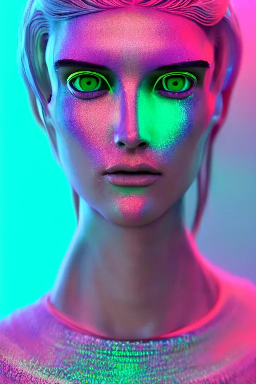 Prompt: stylish pullover for a rave bright colors, many details, photo for a magazine, photo for a store, fashion photography, Vogue, cinematic, hyper realism, high detail, octane render, 8k, very coherent symmetrical work, perfect face model, full length photo, Upper and lower body,Soft shadows on the face, white eyes, photographer style by Nik Night Erik Madigan Hec and Walter Chin and Camilla Akrans and Miles Aldridge