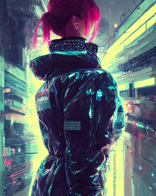 Prompt: detailed portrait beautiful Neon Operator Girl, cyberpunk futuristic neon, reflective puffy coat, decorated with traditional Japanese ornaments by Ismail inceoglu dragan bibin hans thoma greg rutkowski Alexandros Pyromallis Nekro Rene Maritte Illustrated, Perfect face, fine details, realistic shaded, fine-face, pretty face