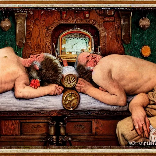 Image similar to detailed photo of extremely beautiful dwarves having good rest after work, intricate details, norman rockwell style