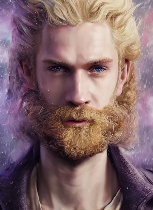 Image similar to An epic fantastic realism comic book style portrait painting of Lucius the most beautiful man in the universe, long fluffy blond curls of hair, porcelain pale skin, flowers rain everywhere, fisheye lens, Apex Legends Concept Art, porcelain, unreal 5, DAZ, hyperrealistic, octane render, cosplay, RPG portrait, dynamic lighting