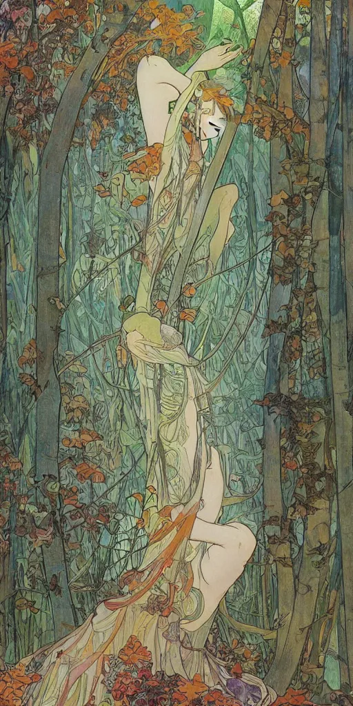 Prompt: a beautiful illustration of a forest in autumn, style of yoshitaka amano and alfons mucha