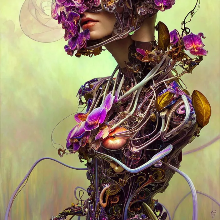 Prompt: partially deconstructed psychedelic organic cyborg orchid, diffuse lighting, fantasy, intricate, elegant, highly detailed, lifelike, photorealistic, digital painting, artstation, illustration, concept art, smooth, sharp focus, art by John Collier and Albert Aublet and Krenz Cushart and Artem Demura and Alphonse Mucha