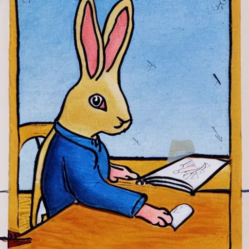 Image similar to a cute cartoon rabbit sitting at a table and writing on a notebook, Children's Book Illustration, Antoine de Saint-Exupéry