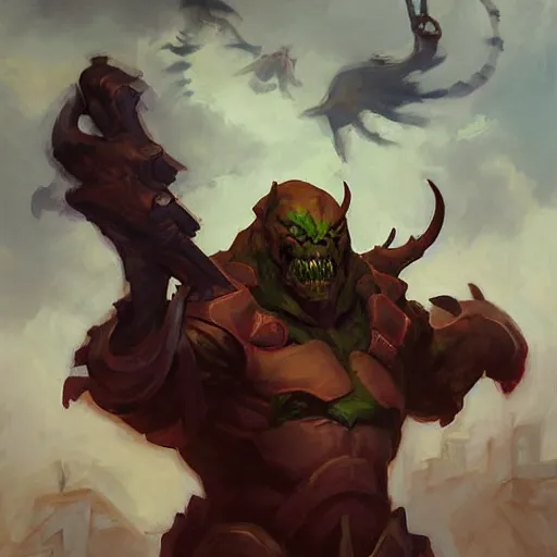 Prompt: greg manchess portrait painting of doom from dota 2, medium shot, asymmetrical, profile picture, organic painting, sunny day, matte painting, bold shapes, hard edges, street art, trending on artstation, by huang guangjian and gil elvgren and sachin teng