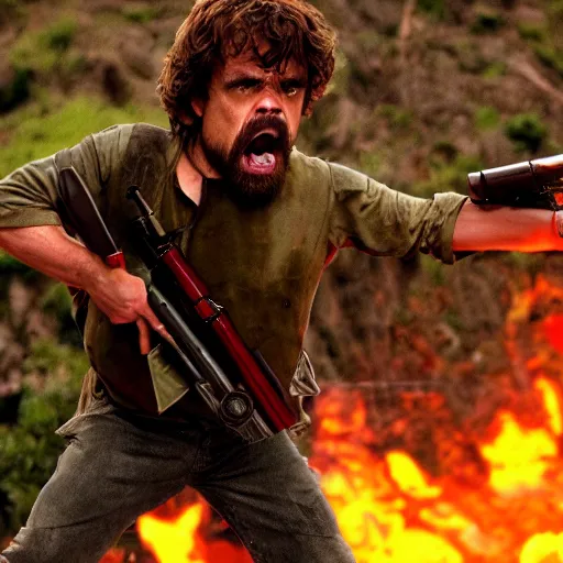 Image similar to Peter Dinklage as Rambo, screaming and shooting a rocket launcher, photo, detailed, 4k