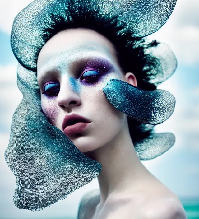 Image similar to photography face portrait of one stunning woman in white beach ocean, dress by iris van herpen, creative colorfull - makeup, curly hair style halflong, photography by paolo roversi nick knight, helmut newton, avedon, and araki, sky forest background, natural pose, highly detailed, skin grain detail