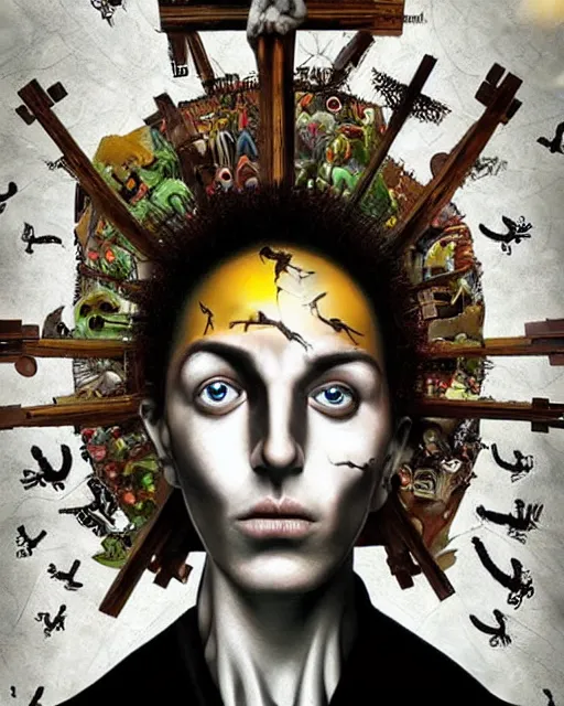 Image similar to crucifix theme surrealist art in the styles of igor morski, jim warren, and a tim burton film, intricate, hyperrealistic, accurate facial details, profile picture with chromakey!!!!! background, volumetric lighting