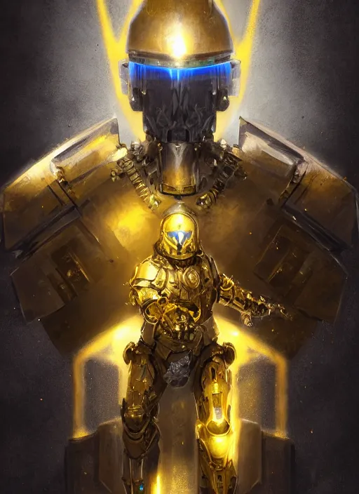 Image similar to dynamic abstract portrait of a intricate glorious holy mechanical warforged character in yellow armor holding a paladin engraved great longsword drawn and carrying a big paladin shield, beam glowing eye , face in focus, epic , trending on ArtStation, masterpiece, cinematic lighting, by Ross Tran and by Greg Rutkowski