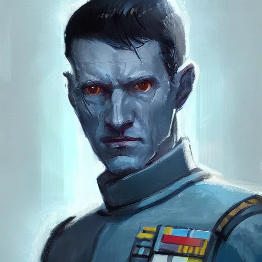 Image similar to portrait of a man by greg rutkowski, great admiral thrawn from star wars, blue skin, short black hair in military style, tall, star wars expanded, universe, he is about 5 0 years old, wearing white colored imperial admiral uniform, artstation hq