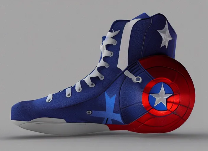 Image similar to basketball sneakers concept of captain america, picture by tim burton, render, cinema 4 d, octane render