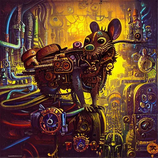 Image similar to steampunk rat, acid, 303, psychedelic, by paul lehr, cd cover for techno artist