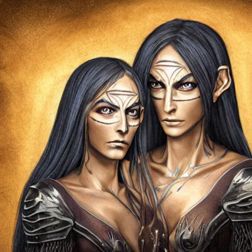 Prompt: a scene of two identical beautiful female dark elves standing face to face, full of detail