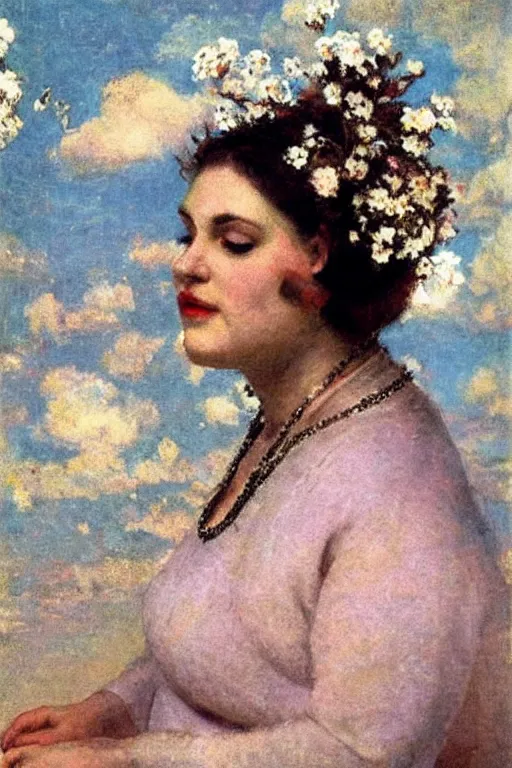 Prompt: close - up fashion fat woman portrait airy flowers cloudy sky art by vasnetsov