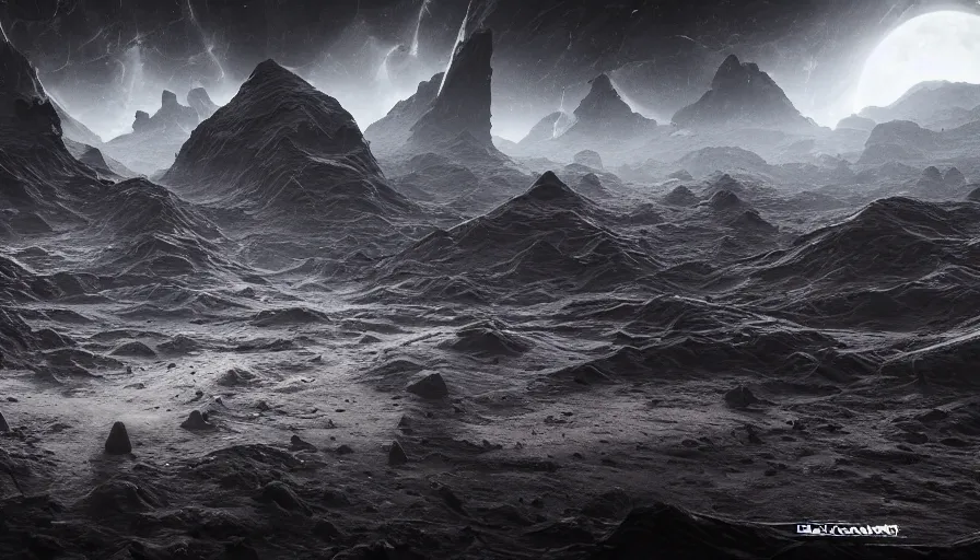 Image similar to beyond theory - psychedelic endless vastness and gigantic size and detail, very dark and abandoned, only dark colours, unreal engine 5, 4 k hd picture, extreme detail, alien style, dark and scary, award winning scenery, h. r. griger