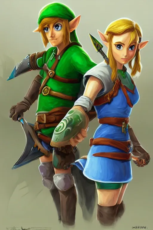Image similar to Zelda and Link, digital painting, highly detailed, artstation, concept art, illustration,