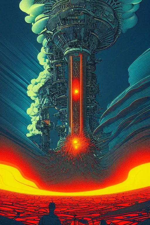 Image similar to artwork by kilian eng and toshi yoshida and franklin booth showing a futuristic powerstation!! in front of a ( ( exploding volcano ) ), vintage scifi, high details, dramatic lightning,, 8 k