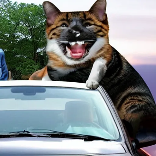 Image similar to dog and cat driving a car with obama sitting on top of car