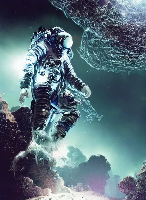 Image similar to astronaut in dark void underwater - complex and hyperdetailed technical suit design. reflection and dispersion materials. rays and dispersion of light. volumetric light. f / 3 2. noise film photo. flash photography. ultra realistic, 5 0 mm. poster by wayne barlowe, hajime sorayama aaron horkey, craig mullins