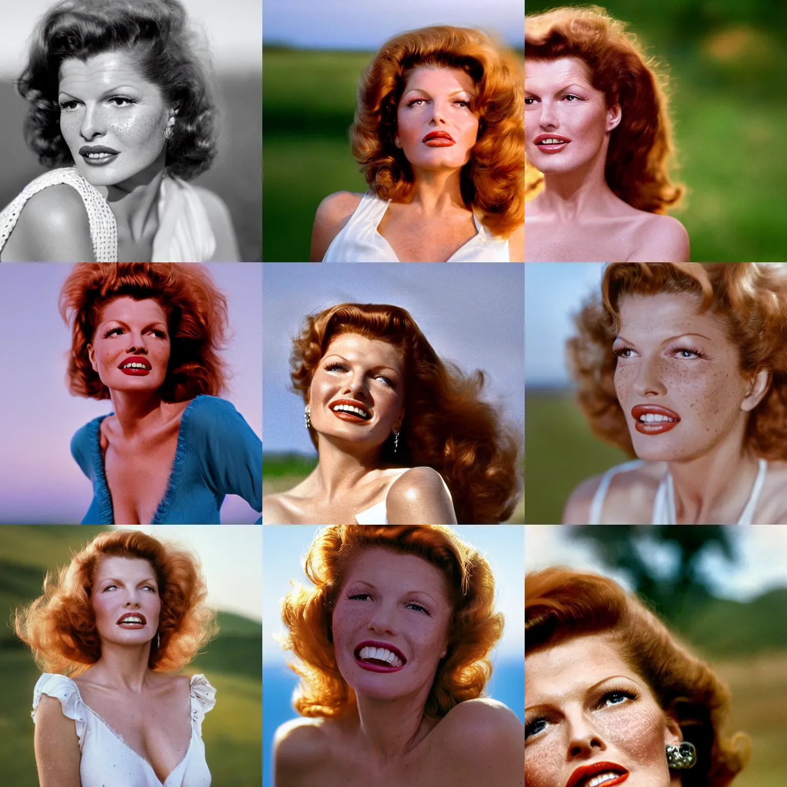 Prompt: natural 8 k close up shot of rita hayworth with freckles, skin imperfections, wrinkles, beauty spots and no make up in a 2 0 0 5 romantic comedy. she stands in a white dress and looks on the horizon with winds moving her hair. fuzzy blue sky in the background. small details, natural lighting, 8 5 mm lenses, sharp focus
