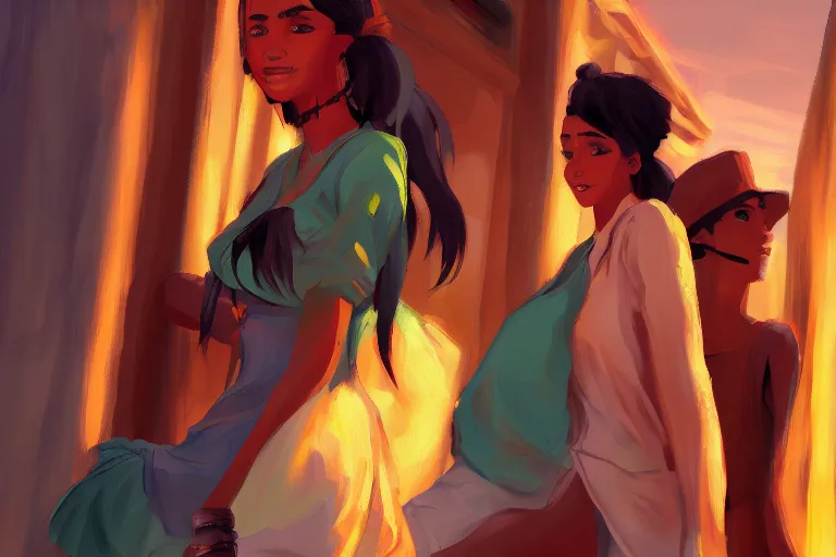 Image similar to concept art, painting of cuban women in havana, digital anime art, good lighting, sunset